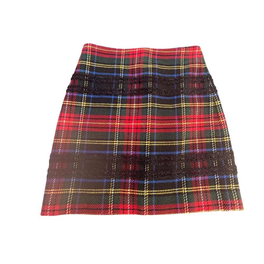 J.Crew Stewart Plaid Fringe Mini Skirt Red Green Tartan Wool Blend Size 4